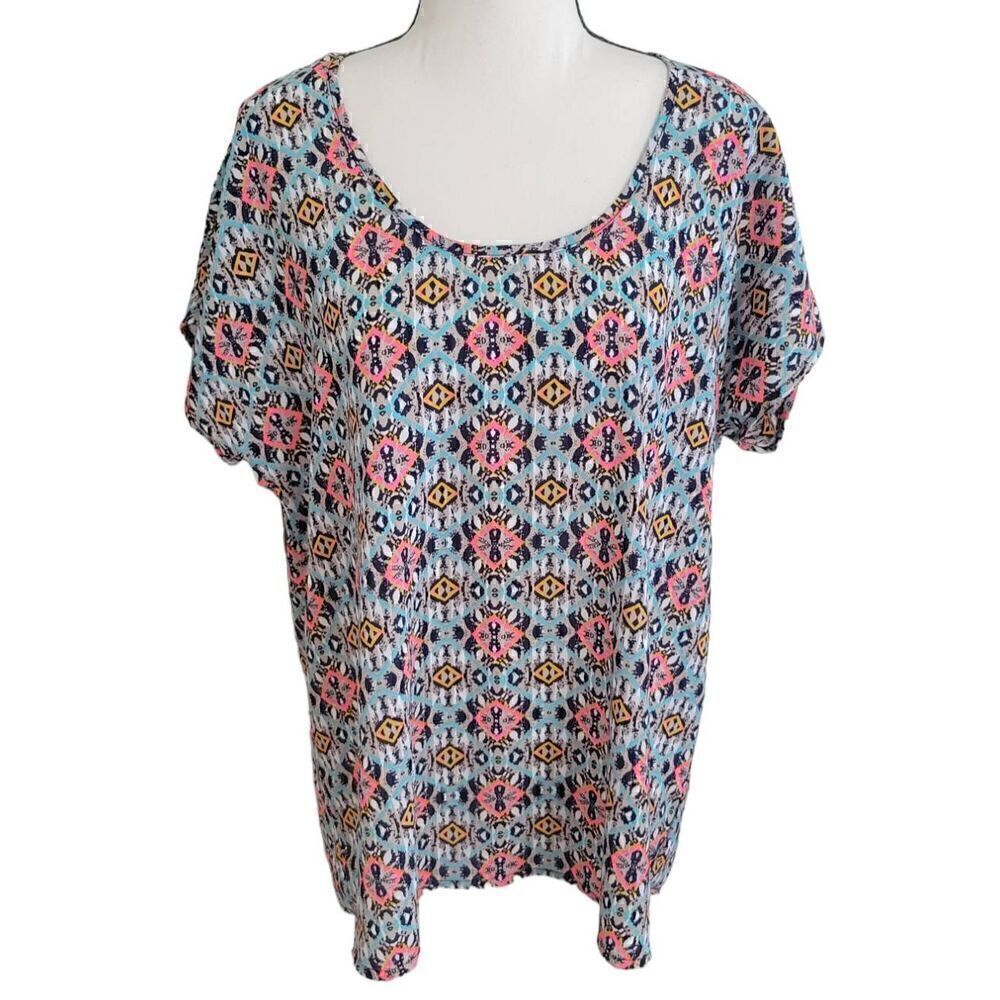 Japna Women's Blouse Scoop Neck Zipper Back Geo Print Blouse Top Size L